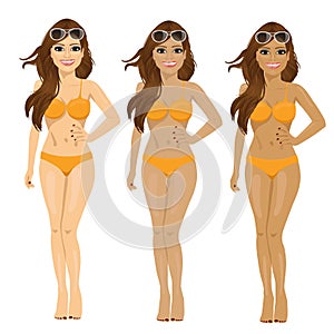 Brunette in bikini showing tanning tones from natural to dark tan