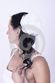 Brunette Bridal hair ,curls white flower attached
