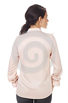 Brunette business woman in pink official formal blouse with ruches close up photo