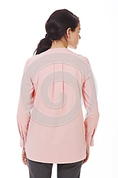 Brunette business woman in pink official formal blouse with ruches close up photo