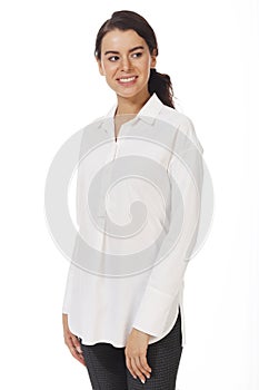 Brunette business woman in white official formal blouse with ruches close up photo
