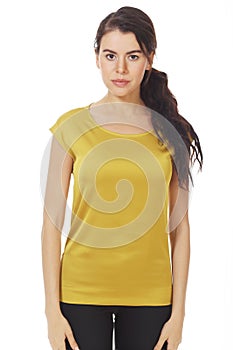 Brunette business woman in yellow official formal blouse with ruches close up photo