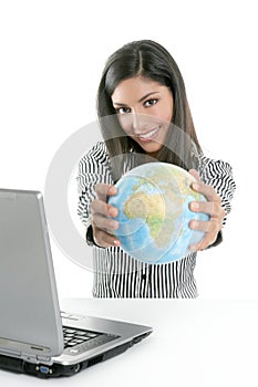 Brunette businesswoman with global map