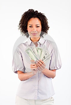 Brunette businesswoman showing dollars