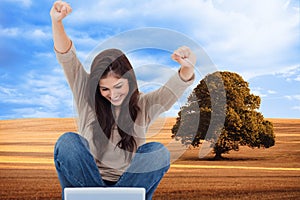 Brunette cheering while using laptop