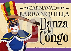 Brunette Congo Dancer Holding a Wooden Machete Celebrating Barranquilla`s Carnival, Vector Illustration