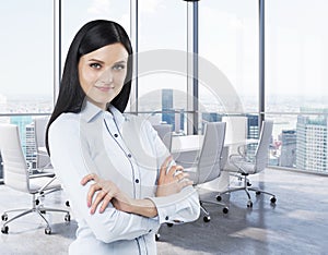 Brunette in a corner conference room. Modern office with huge windows and amazing New York panoramic view.