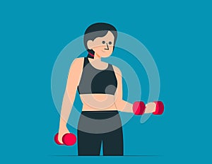 Brunette fit man exercising with weights in hand. Vector concept