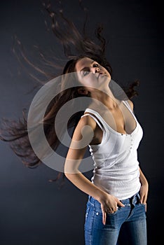 Brunette with flying hairs