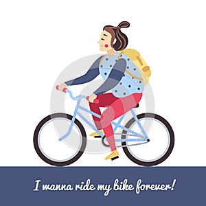 Brunette girl on the blue bike. Vector illustration and background.