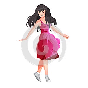 Brunette girl dancing in a bard dress. Brunette with long hair. Isolated vector illustration in cartoon style