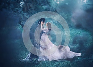 Brunette girl ghost and spirit of nightly mysterious cold blue forest, lady in white vintage lace dress with long flying