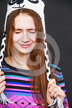 Brunette girl in hat panda