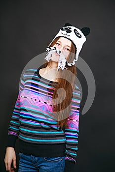 Brunette girl in hat panda