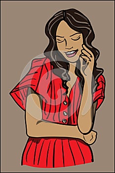 Brunette girl with long hair in a red dress. Smile. Modesty. Coquetry. Isolated vector