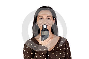 Brunette girl with a photometer photo