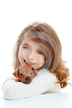 Brunette girl with puppy dog mini pinscher