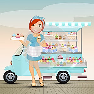 brunette girl sells cupcakes