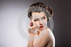 Brunette with Jewelry - Ruby Oval Ring