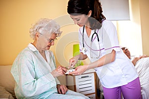 Brunette lady doctor and her nursing home elder woman patient having polite conversation photo