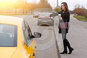 Brunette with long hair near road stop taxi