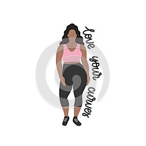 Brunette nice plump woman with curvy body, girl in a trendy fashion sportive clothes, flat vector illustration. Fullsize