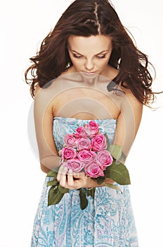 Brunette with pink roses