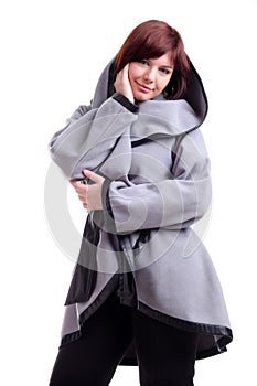 brunette short-haired girl in stylish grey coat