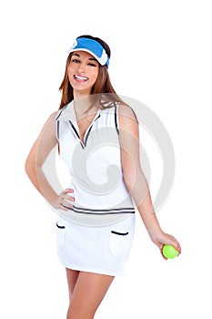 Brunette tennis girl white dress and sun visor cap photo