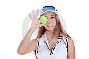 Brunette tennis girl white dress and sun visor cap