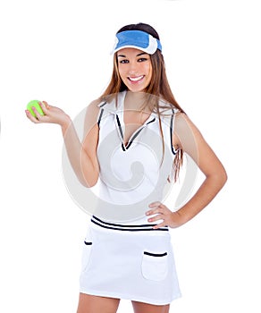 Brunette tennis girl white dress and sun visor cap