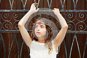 Brunette tourist kid girl in mediterranean old town