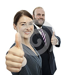 Brunette woman and beard business man thumb up
