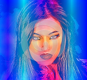 Brunette woman in a beautiful abstract digital art style.