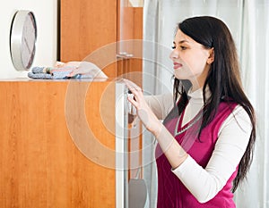 Brunette woman cleaning furiture
