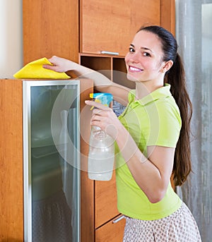Brunette woman cleaning wooden furiture