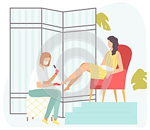 Brunette woman gets a pedicure in beauty salon. Relaxing spa treatments. Concept for banner, website design or landing web page.