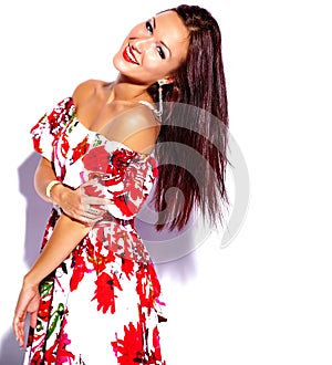 brunette woman girl going crazy in colorful bright summer red dress