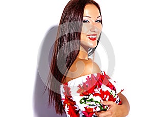 Brunette woman girl going crazy in colorful bright summer red dress