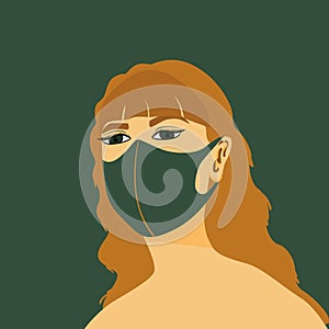 Brunette woman with green eyes and mask looking away