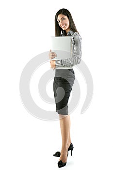 Brunette woman hug laptop computer