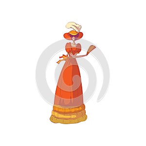 Brunette woman in a long orange old-fashioned dress with a fan in her hands. Vector illustration on white background.