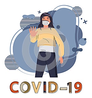 Brunette woman in medical mask call to stop spreading coronavirus, world epidemy of covid19