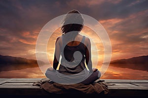 Brunette woman meditates, doing Yoga, sits against backdrop of nature, mountains. Sunset. Wellness and fitness. Healthy