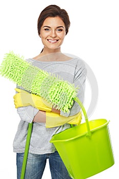 Brunette woman with mop and bucket