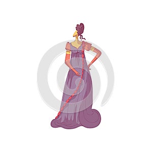 Brunette woman in an old-fashioned purple dress. Vector illustration on white background.