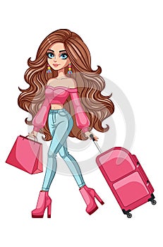 Brunette woman with pink suitcase