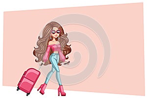 Brunette woman with pink suitcase banner