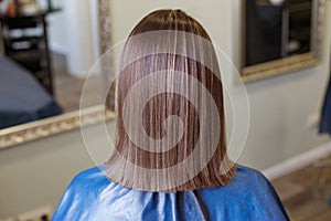 Brunette woman with shiny brown straight hair back view in salon