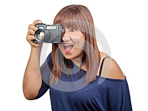 Brunette woman taking photo vintage reflex isolated